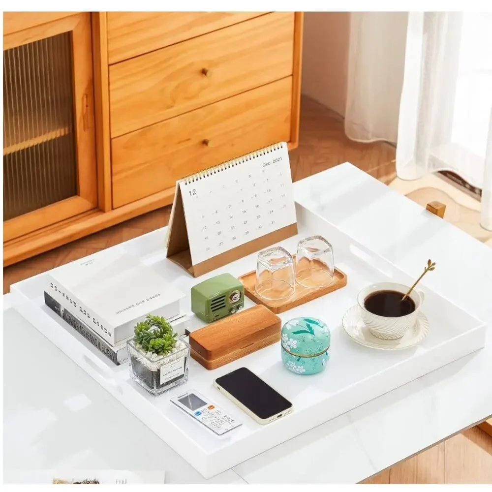 Extra Large 24x24 White Acrylic Serving Tray w Handles Glossy Butler - Picture 5 of 8